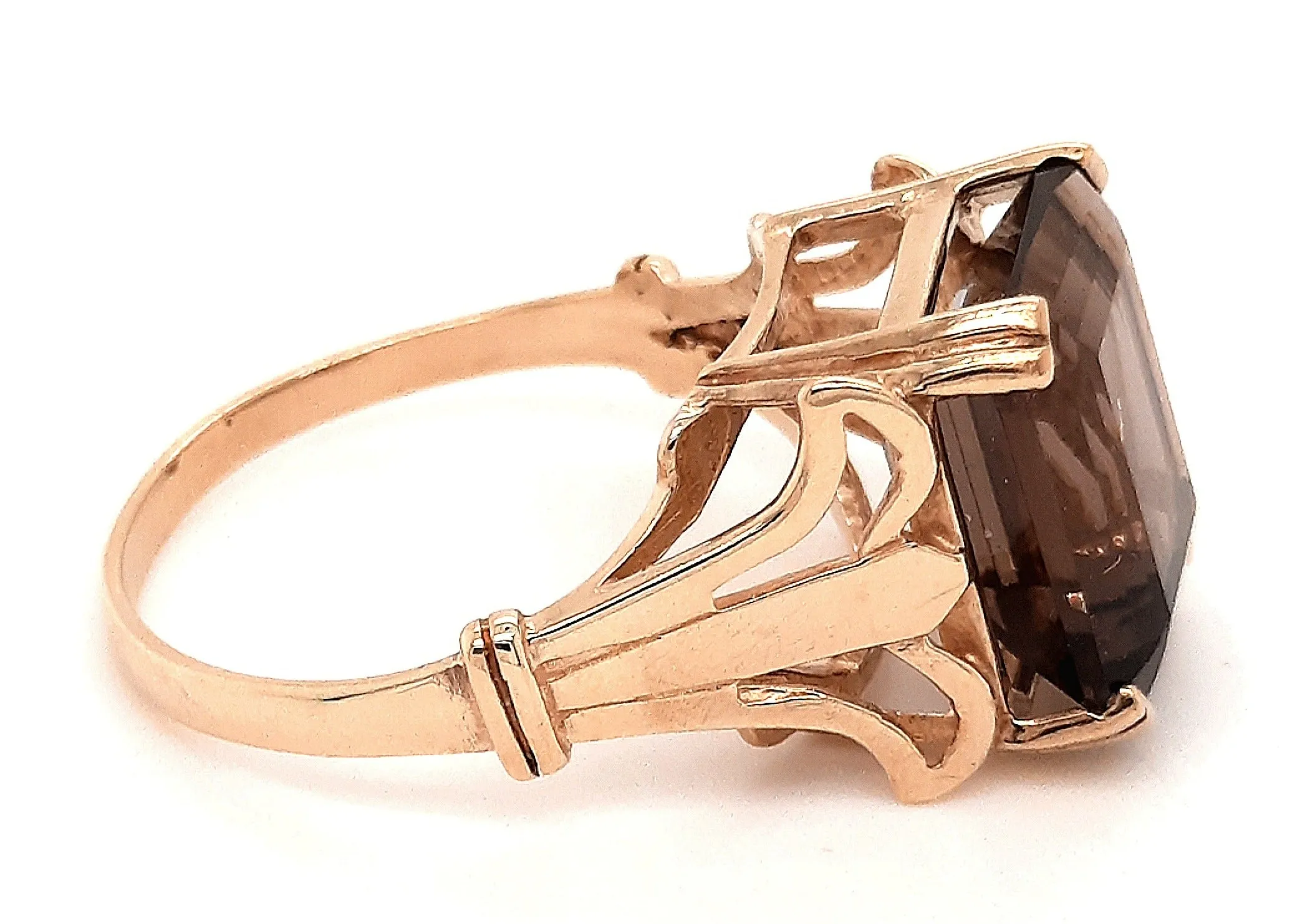 9ct Yellow Gold Gold Smokey Quartz Ring with Fancy Flow Up Shoulders