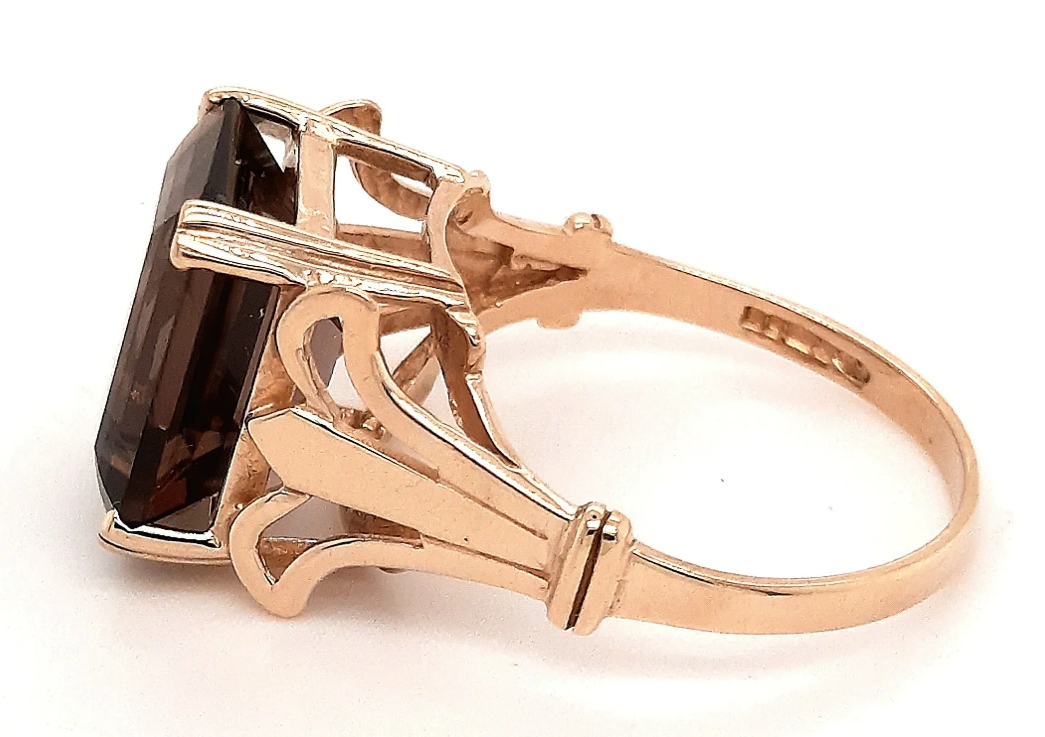 9ct Yellow Gold Gold Smokey Quartz Ring with Fancy Flow Up Shoulders