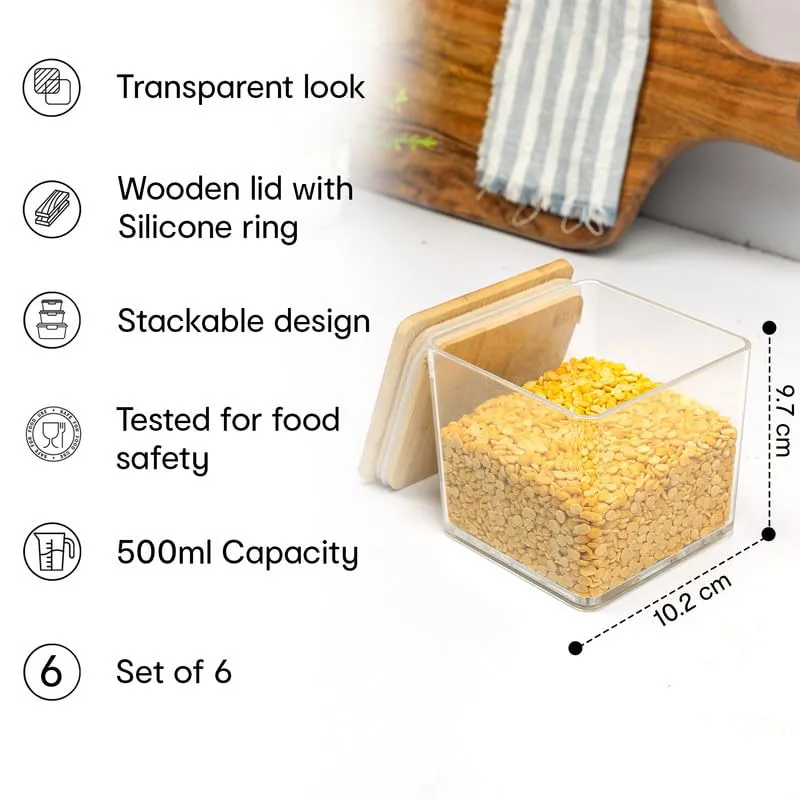 Anko 500 ML Acrylic Airtight Food Storage Container With Bamboo Wood Lid - Pack of 6|BPA-free Multi-utility Leak-proof Clear Acrylic Container for Spices, Dried Herbs, Nuts and Other Condiments