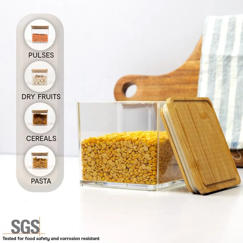 Anko 500 ML Acrylic Airtight Food Storage Container With Bamboo Wood Lid - Pack of 6|BPA-free Multi-utility Leak-proof Clear Acrylic Container for Spices, Dried Herbs, Nuts and Other Condiments