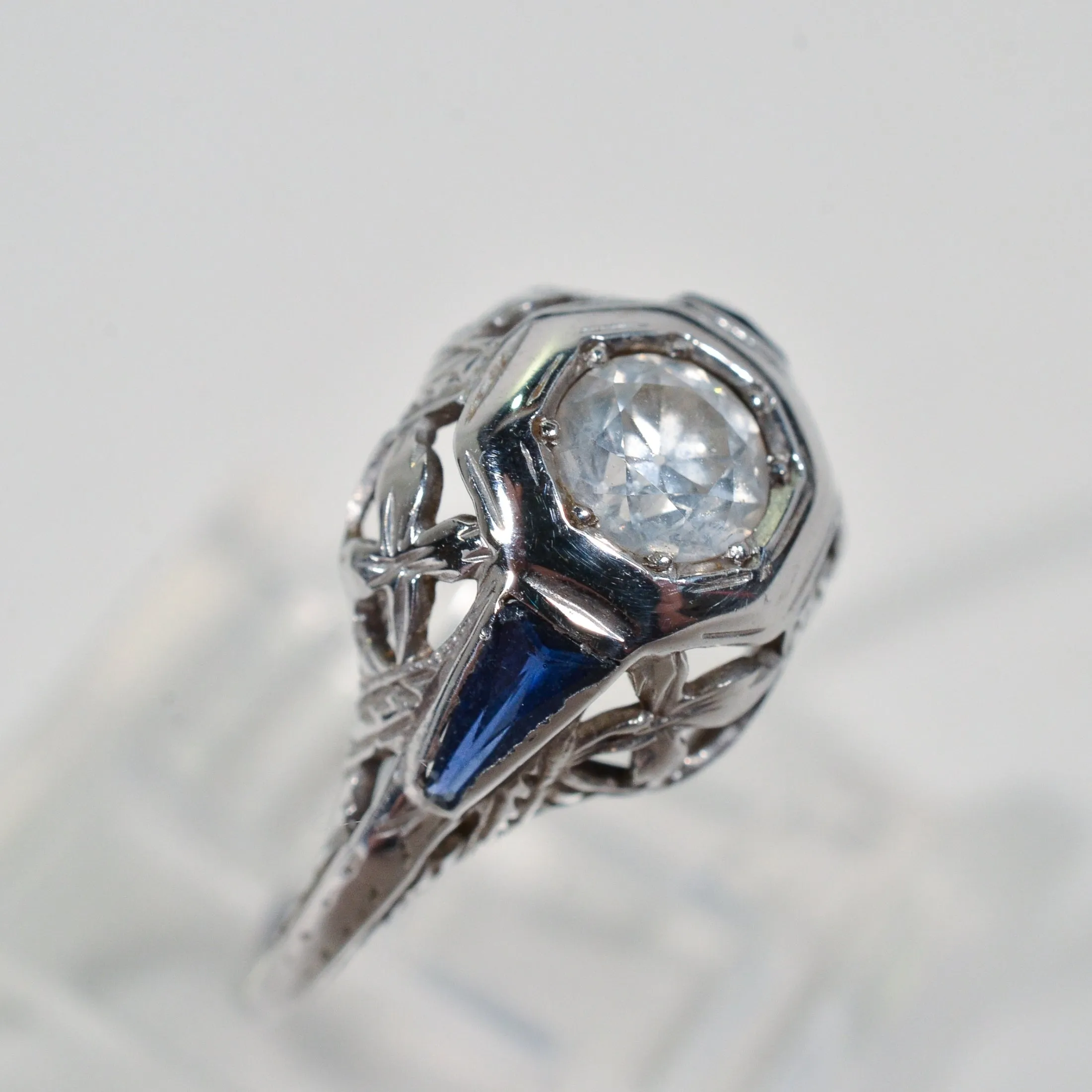 Antique 1920s Art Deco/Nouveau Old Cut Diamond 14K White Gold Ring, Synthetic Blue Sapphire Baguettes, Engagement Wedding Bridal Ring SZ 5.5