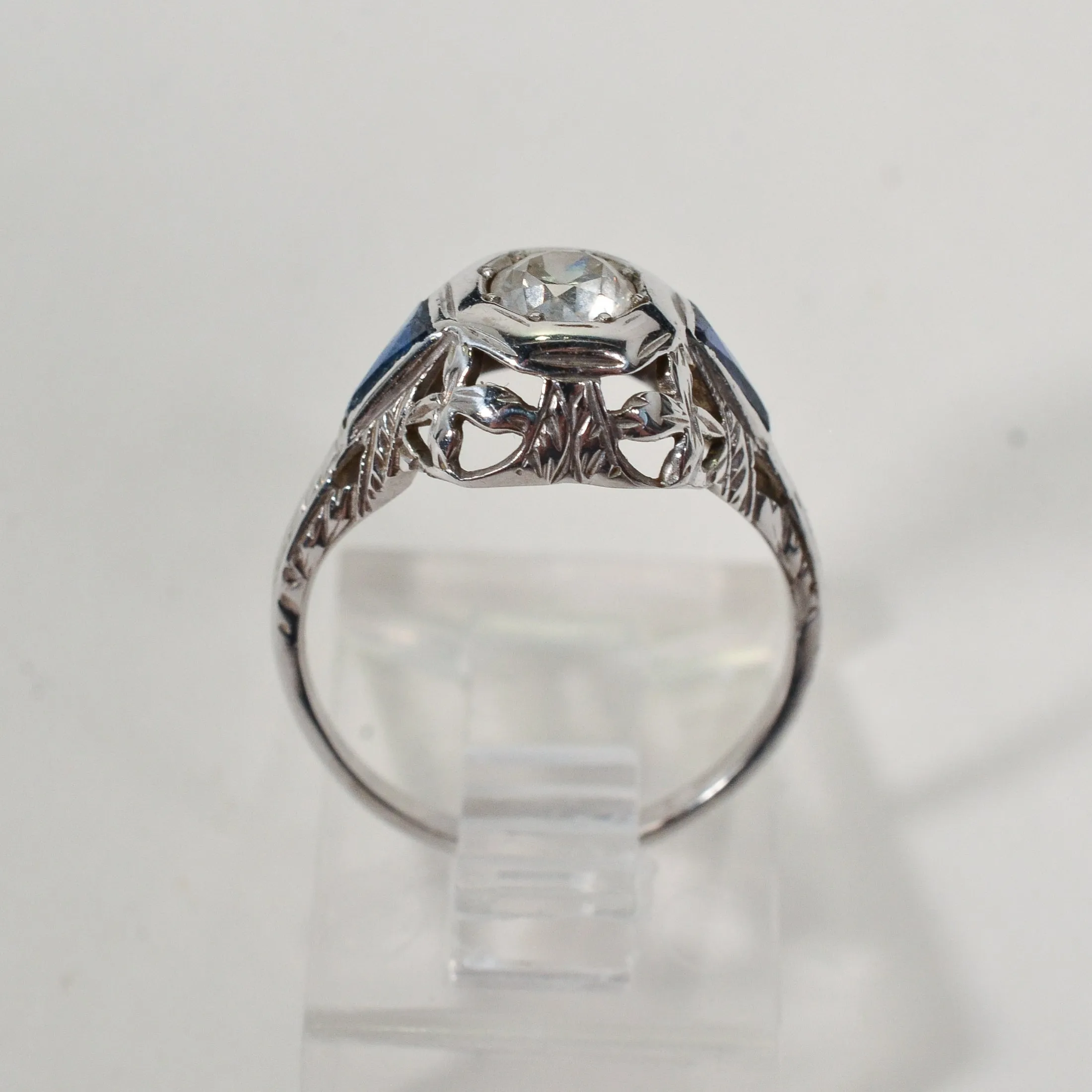 Antique 1920s Art Deco/Nouveau Old Cut Diamond 14K White Gold Ring, Synthetic Blue Sapphire Baguettes, Engagement Wedding Bridal Ring SZ 5.5