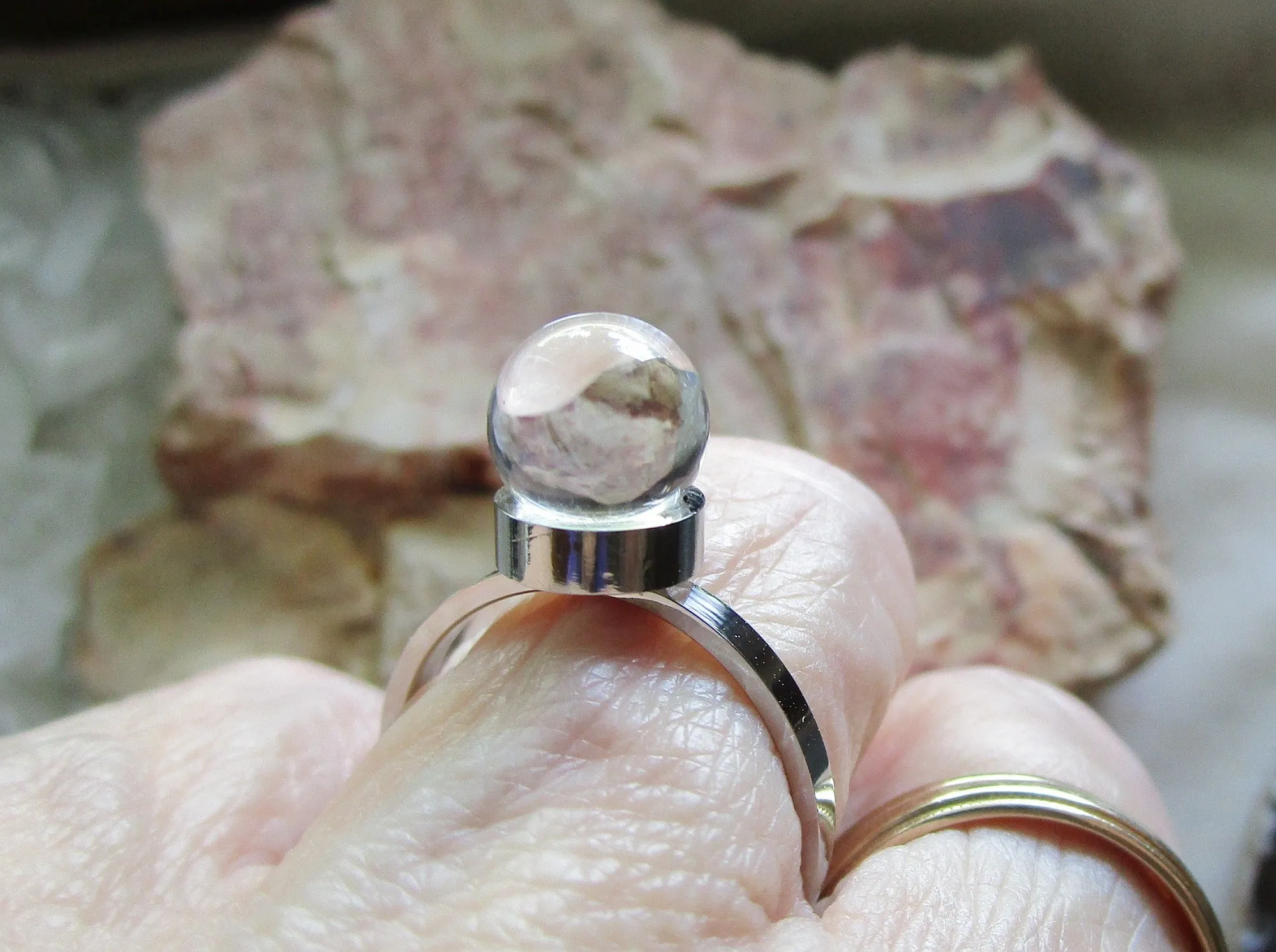 Crystal Ball Natural Tiny Quartz Sphere Silver Ring