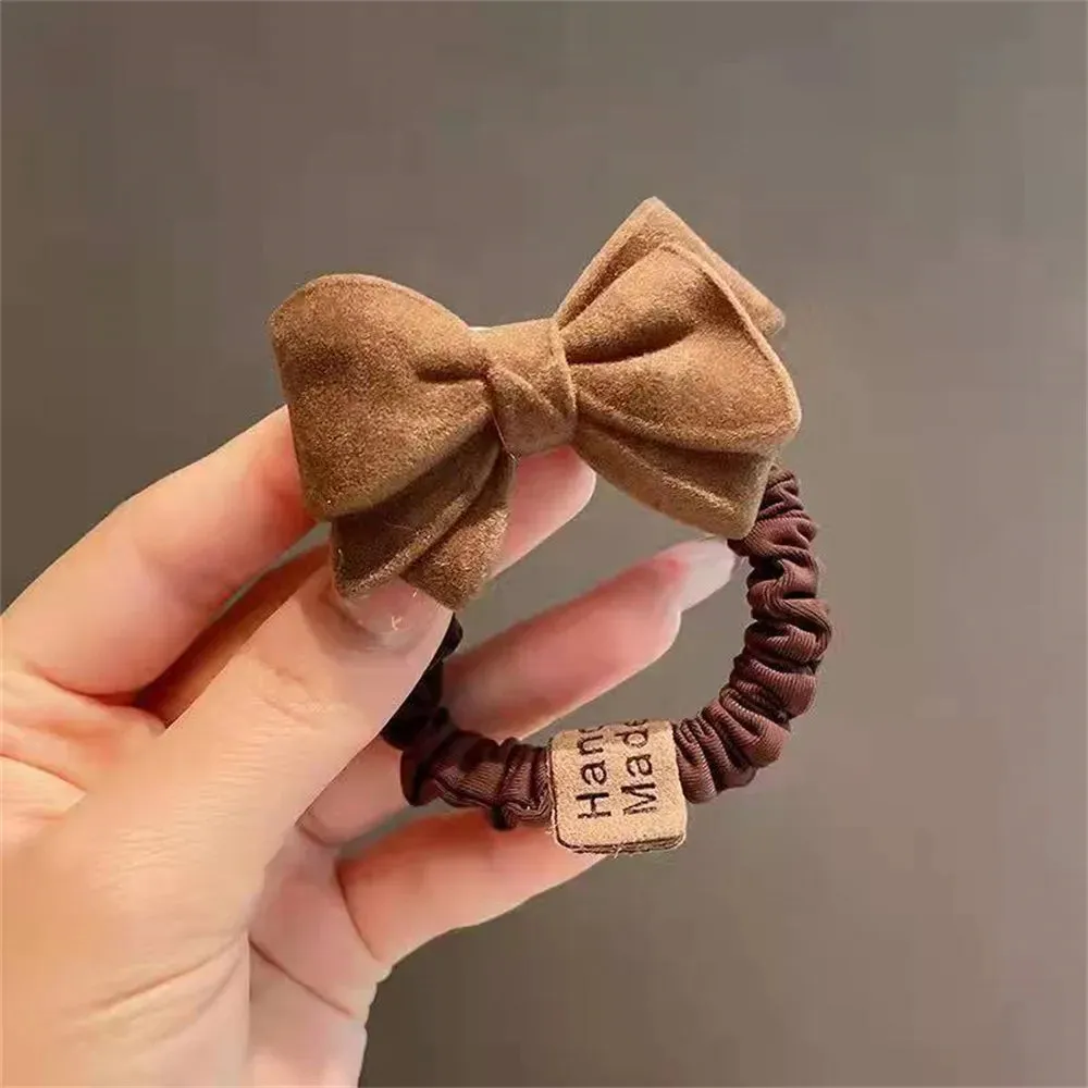 Cute Bow Knot Heart Hair Tie Solid Color Khaki Coffee Plush Hair Bands Women Girls High Elastic Rubber Ponytail Scrunchies