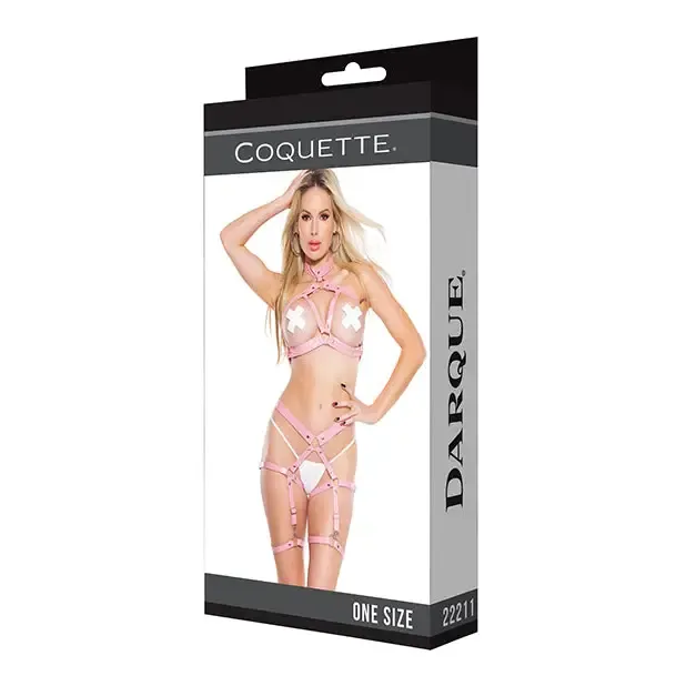 Darque Pvc Harness Open Cup Halter Top & Garter Leg Bands Pink Os