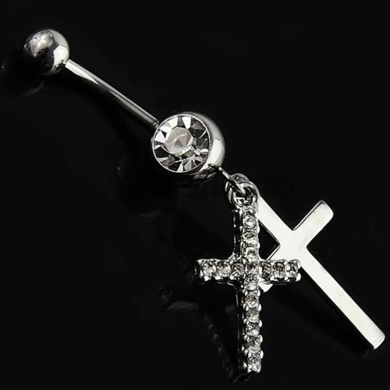 Hollow Cross Dangle Belly Button Rings Navel Piercing Bar Clear Black CZs Belly Piercing Nombril Oreja Gothic Body Jewelry Punk