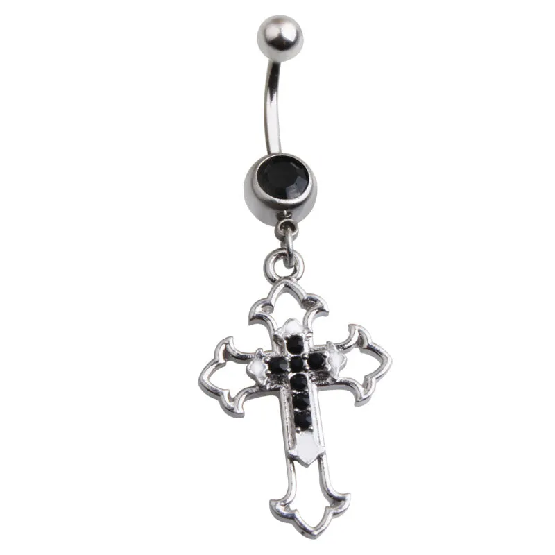 Hollow Cross Dangle Belly Button Rings Navel Piercing Bar Clear Black CZs Belly Piercing Nombril Oreja Gothic Body Jewelry Punk