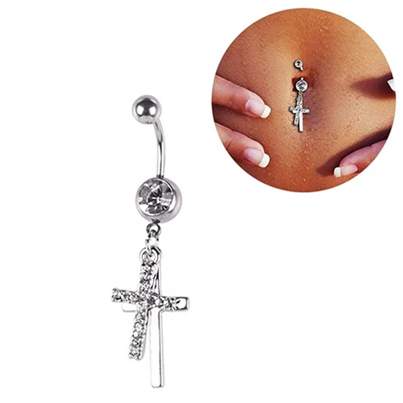 Hollow Cross Dangle Belly Button Rings Navel Piercing Bar Clear Black CZs Belly Piercing Nombril Oreja Gothic Body Jewelry Punk