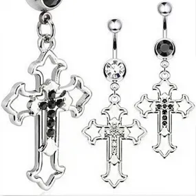 Hollow Cross Dangle Belly Button Rings Navel Piercing Bar Clear Black CZs Belly Piercing Nombril Oreja Gothic Body Jewelry Punk
