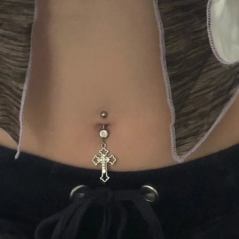 Hollow Cross Dangle Belly Button Rings Navel Piercing Bar Clear Black CZs Belly Piercing Nombril Oreja Gothic Body Jewelry Punk