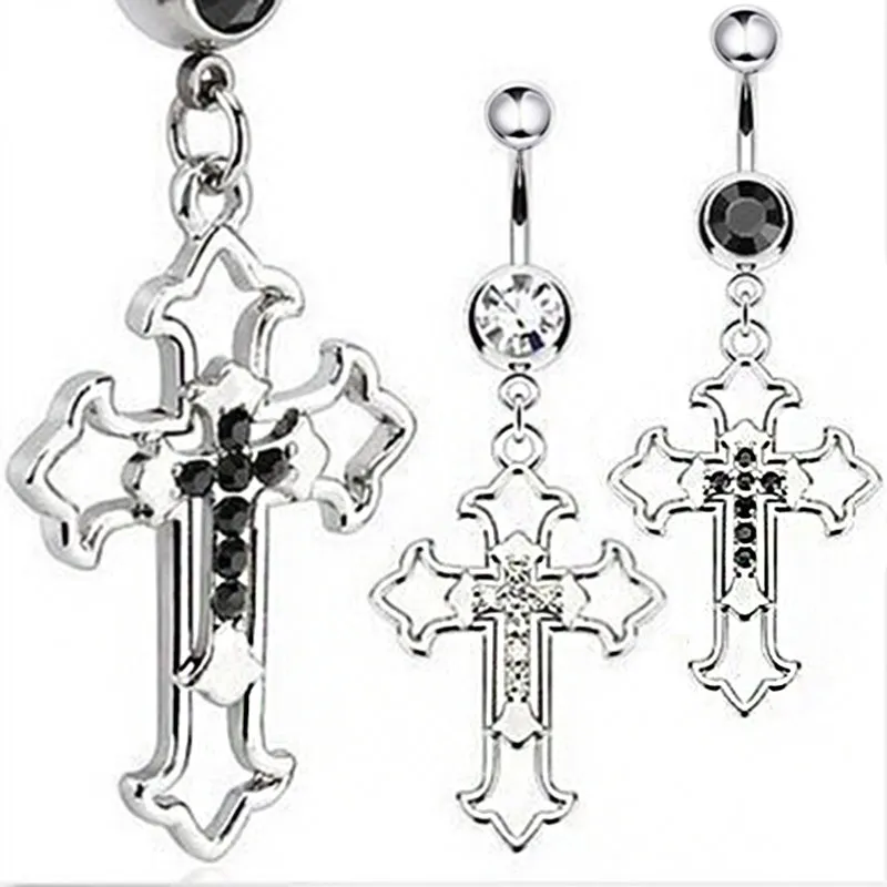 Hollow Cross Dangle Belly Button Rings Navel Piercing Bar Clear Black CZs Belly Piercing Nombril Oreja Gothic Body Jewelry Punk