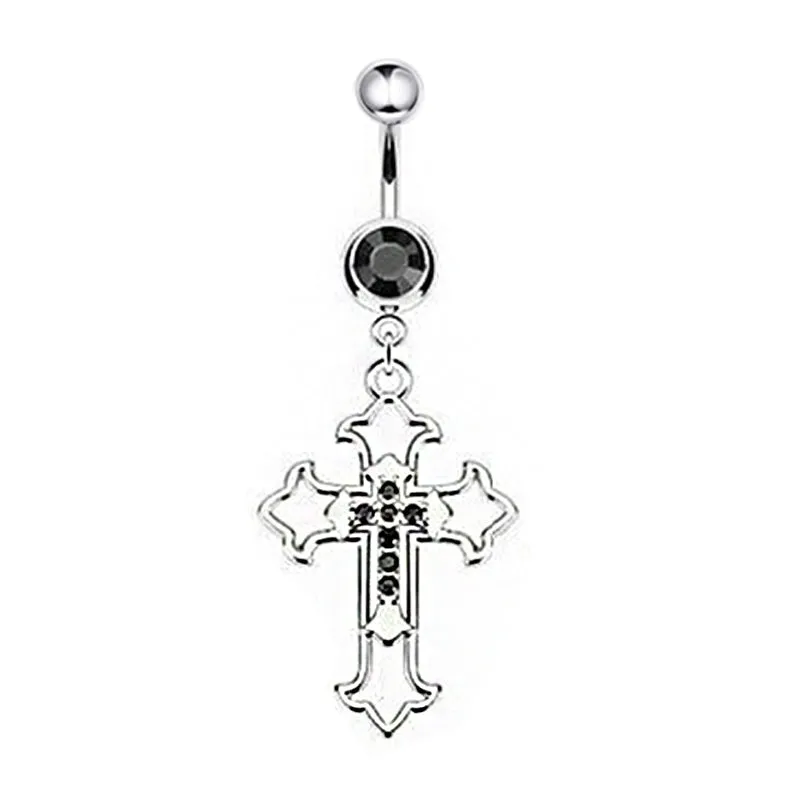 Hollow Cross Dangle Belly Button Rings Navel Piercing Bar Clear Black CZs Belly Piercing Nombril Oreja Gothic Body Jewelry Punk