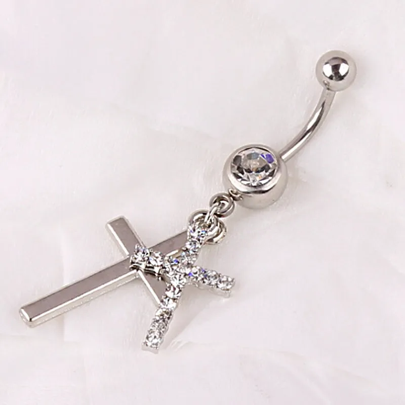 Hollow Cross Dangle Belly Button Rings Navel Piercing Bar Clear Black CZs Belly Piercing Nombril Oreja Gothic Body Jewelry Punk