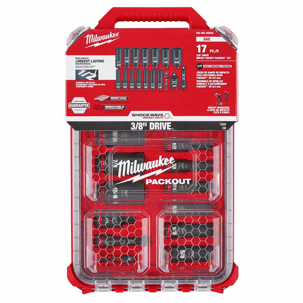 Milwaukee 49-66-6800 Showckwave Impact Duty Socket 3/8" Drive 17-Piece SAE Packout Set