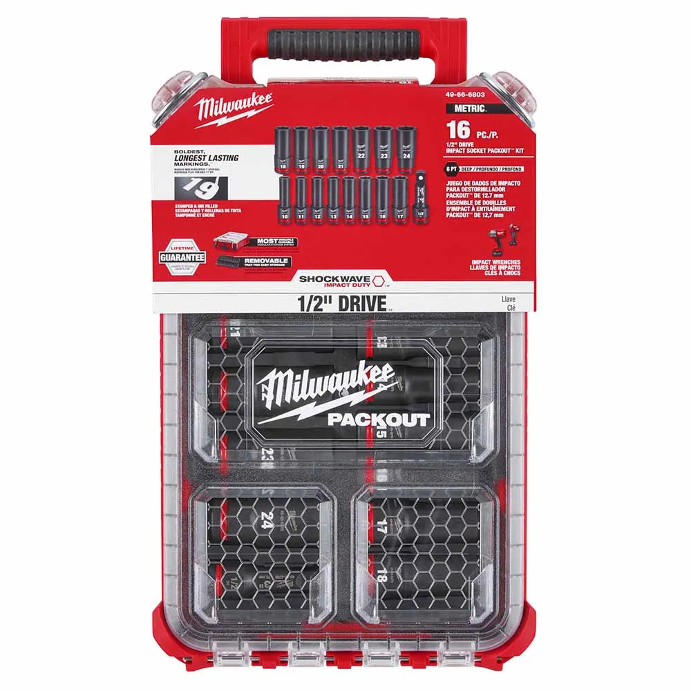 Milwaukee 49-66-6803 Shockwave Impact Duty Socket 1/2" Drive 16-Piece MM Packout Set