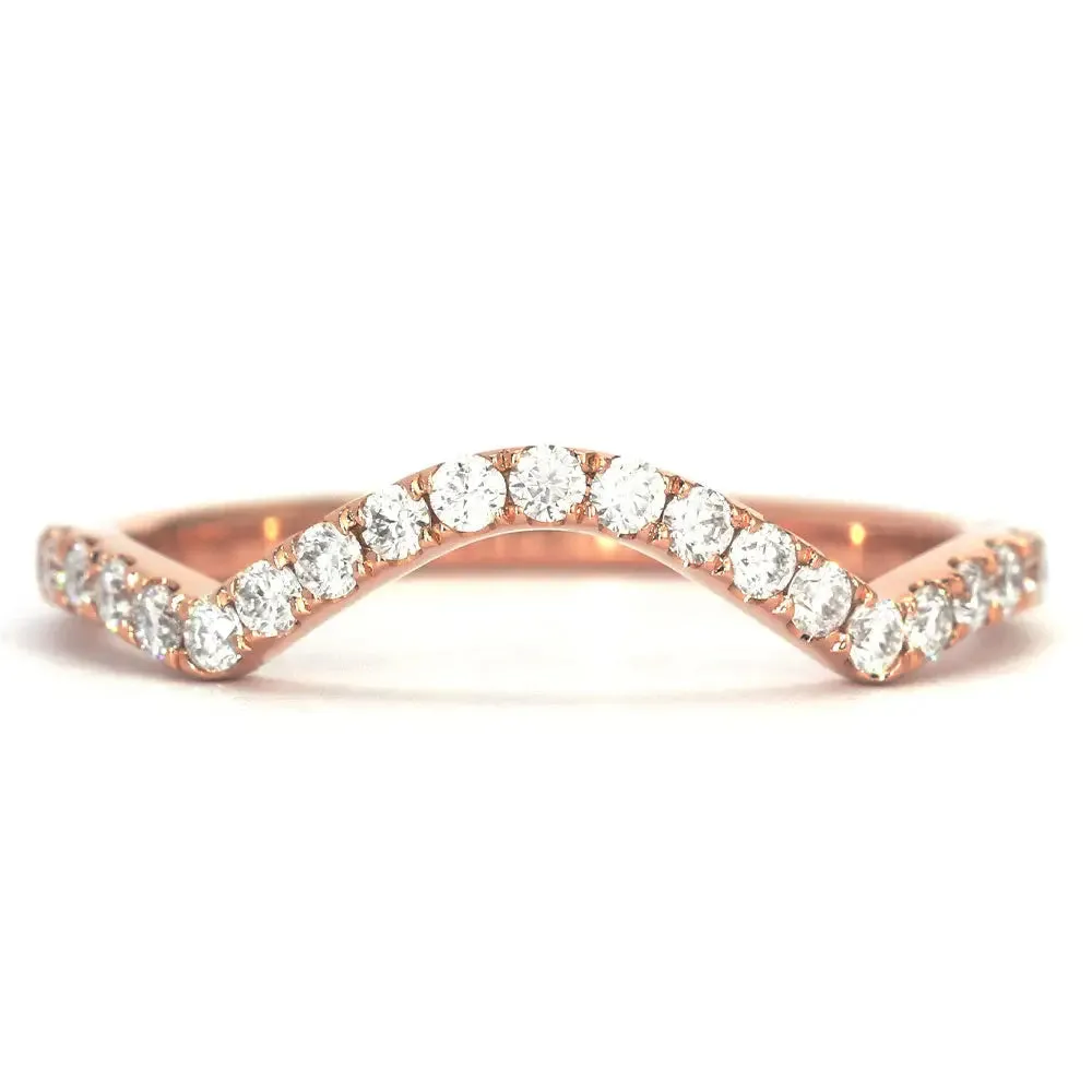 Moira Round Moissanite Curved Band and Satin Brushed  Wedding Rings in 18K gold