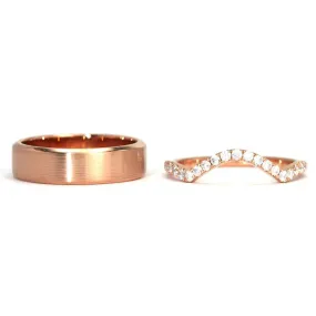 Moira Round Moissanite Curved Band and Satin Brushed  Wedding Rings in 18K gold