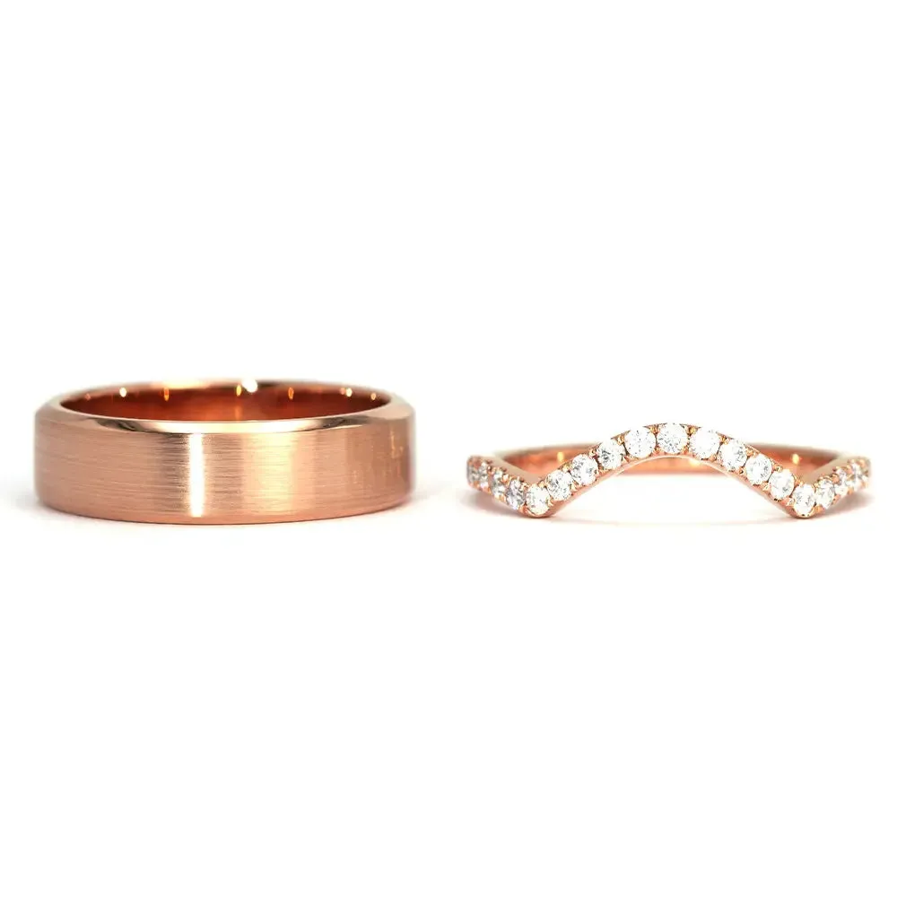 Moira Round Moissanite Curved Band and Satin Brushed  Wedding Rings in 18K gold