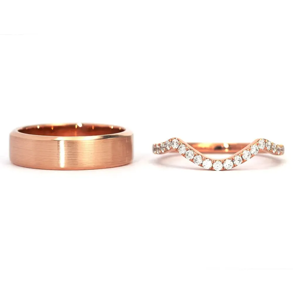 Moira Round Moissanite Curved Band and Satin Brushed  Wedding Rings in 18K gold