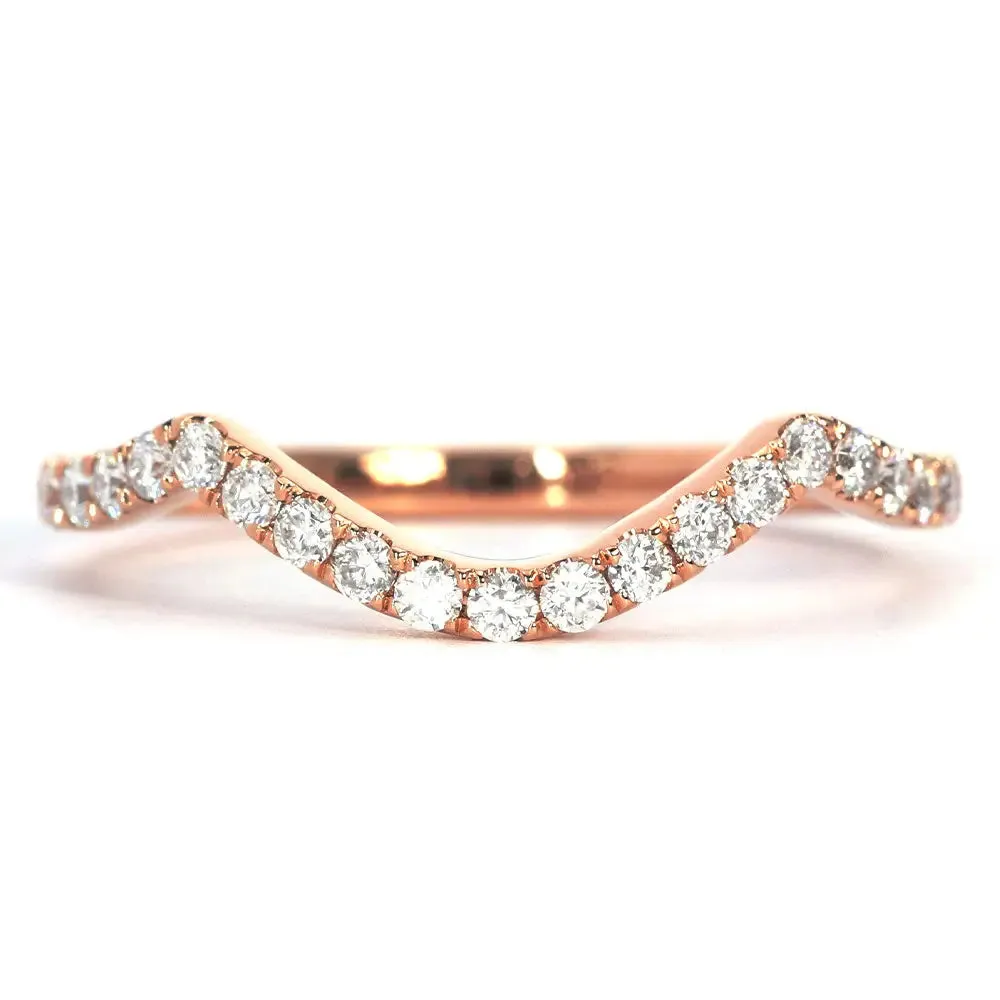 Moira Round Moissanite Curved Band and Satin Brushed  Wedding Rings in 18K gold