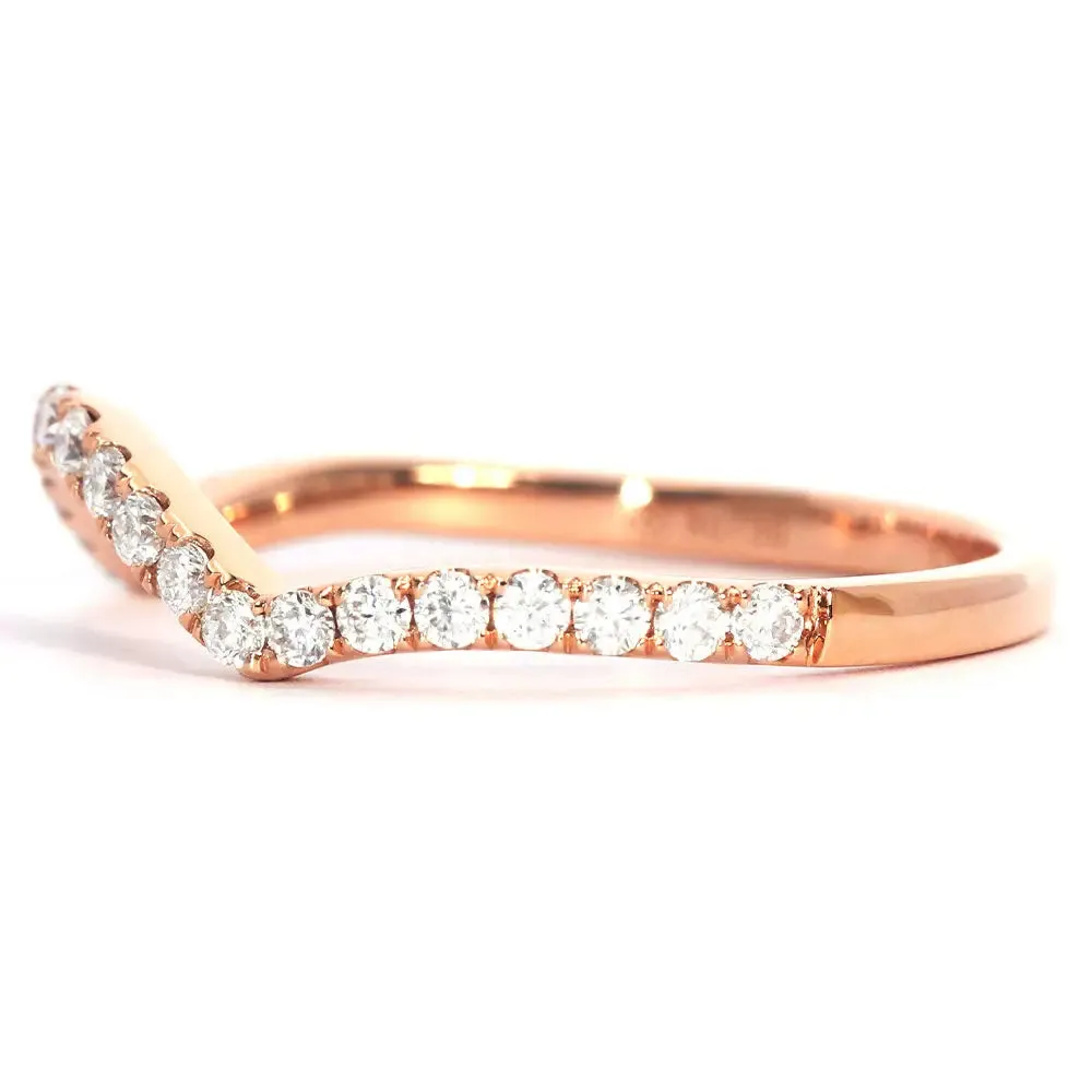 Moira Round Moissanite Curved Band and Satin Brushed  Wedding Rings in 18K gold