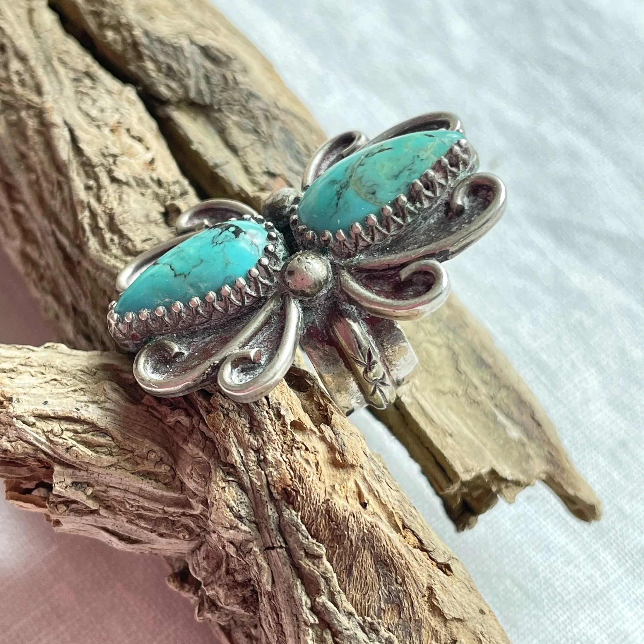 Native American Southwestern Statement Ring, Sterling Teardrop Turquoise Stones