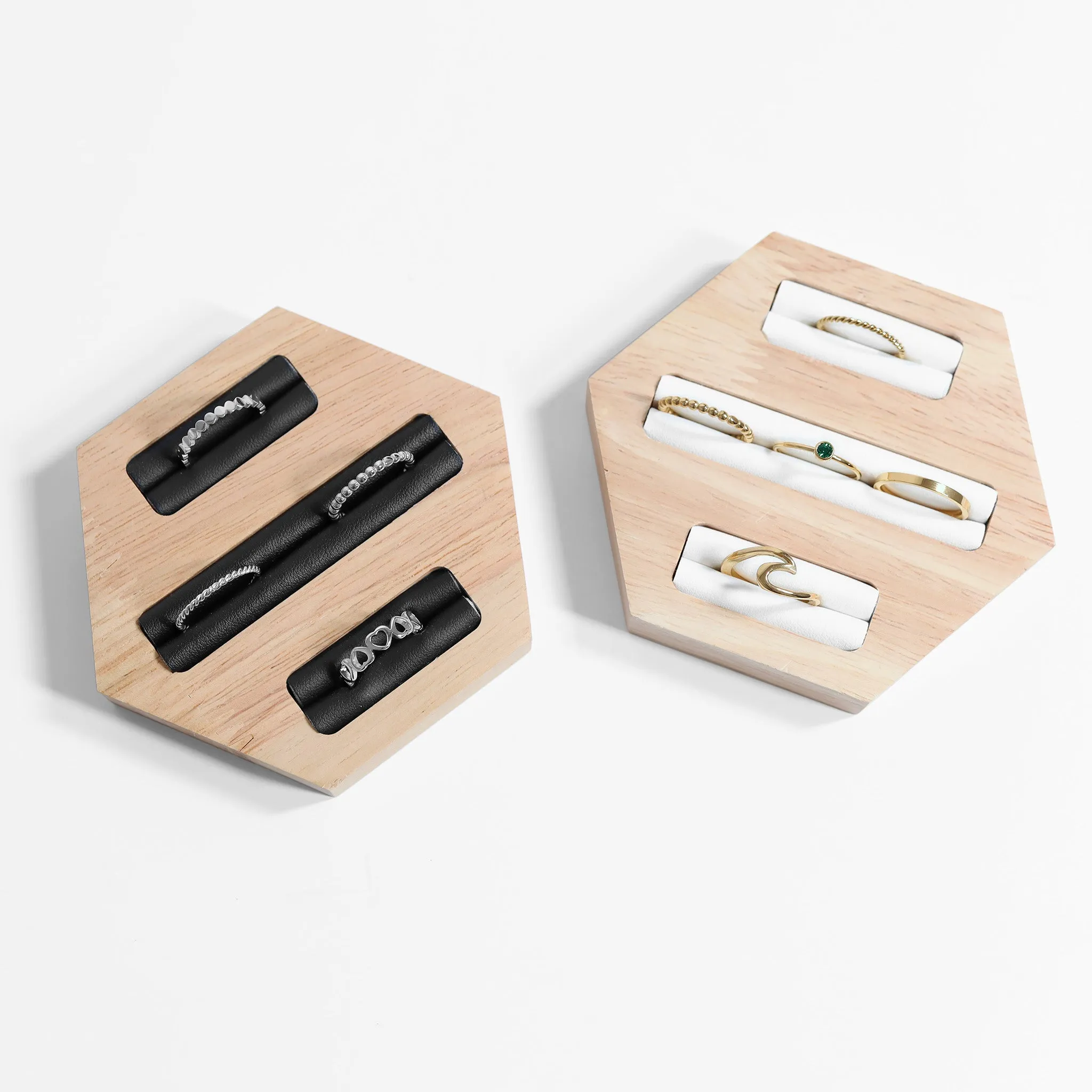 Natural Wood & Leather Hexagon Ring Display / DSP0021