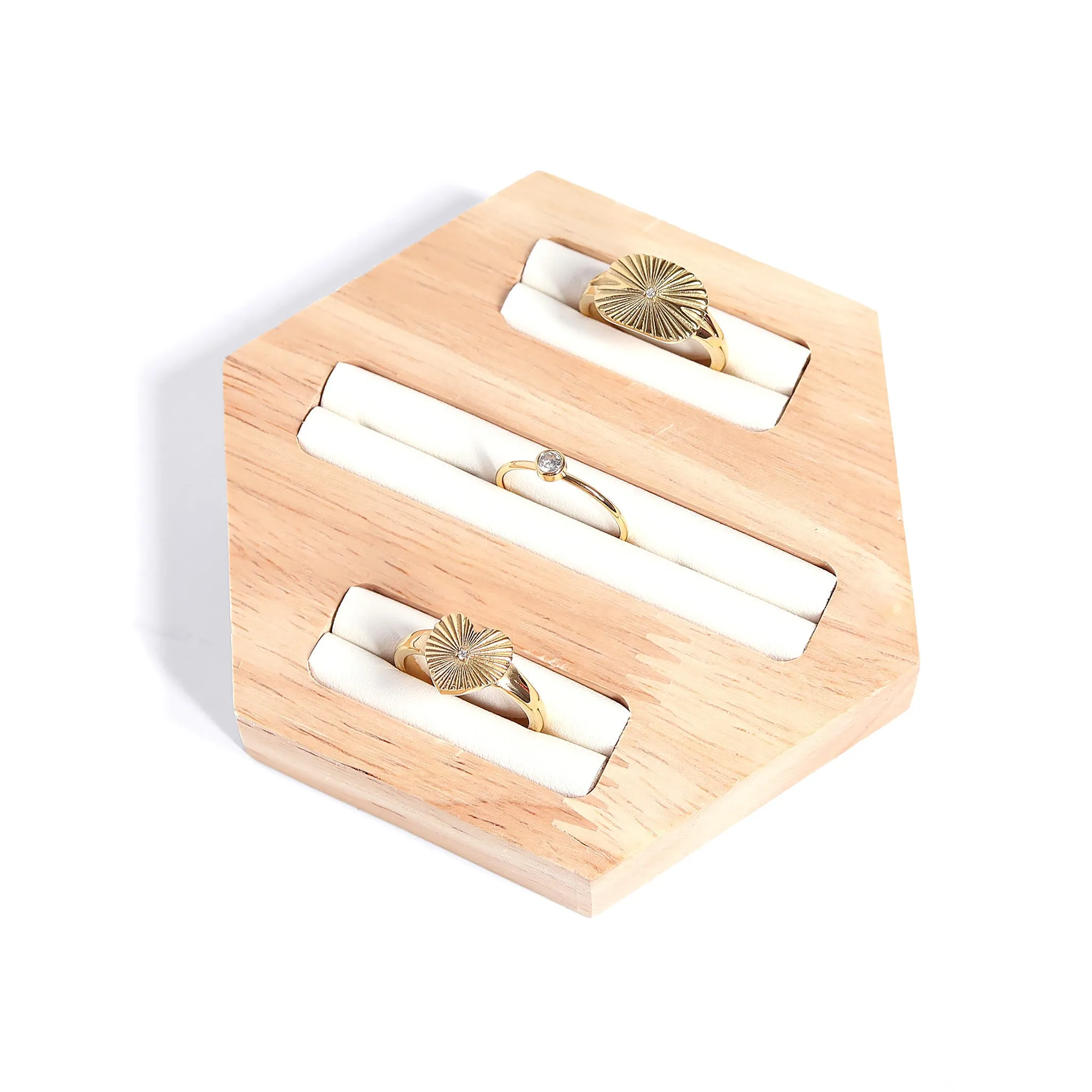 Natural Wood & Leather Hexagon Ring Display / DSP0021