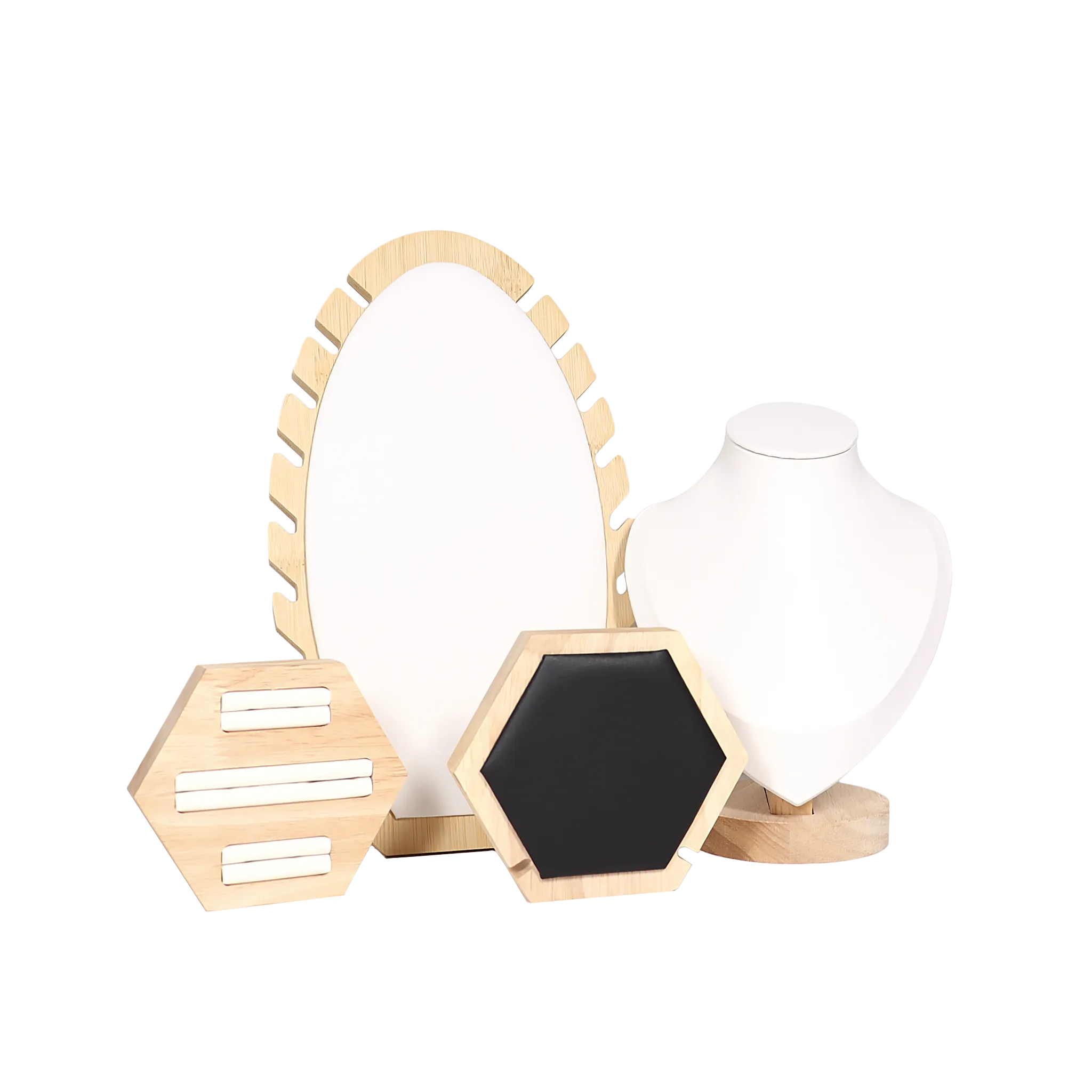 Natural Wood & Leather Hexagon Ring Display / DSP0021