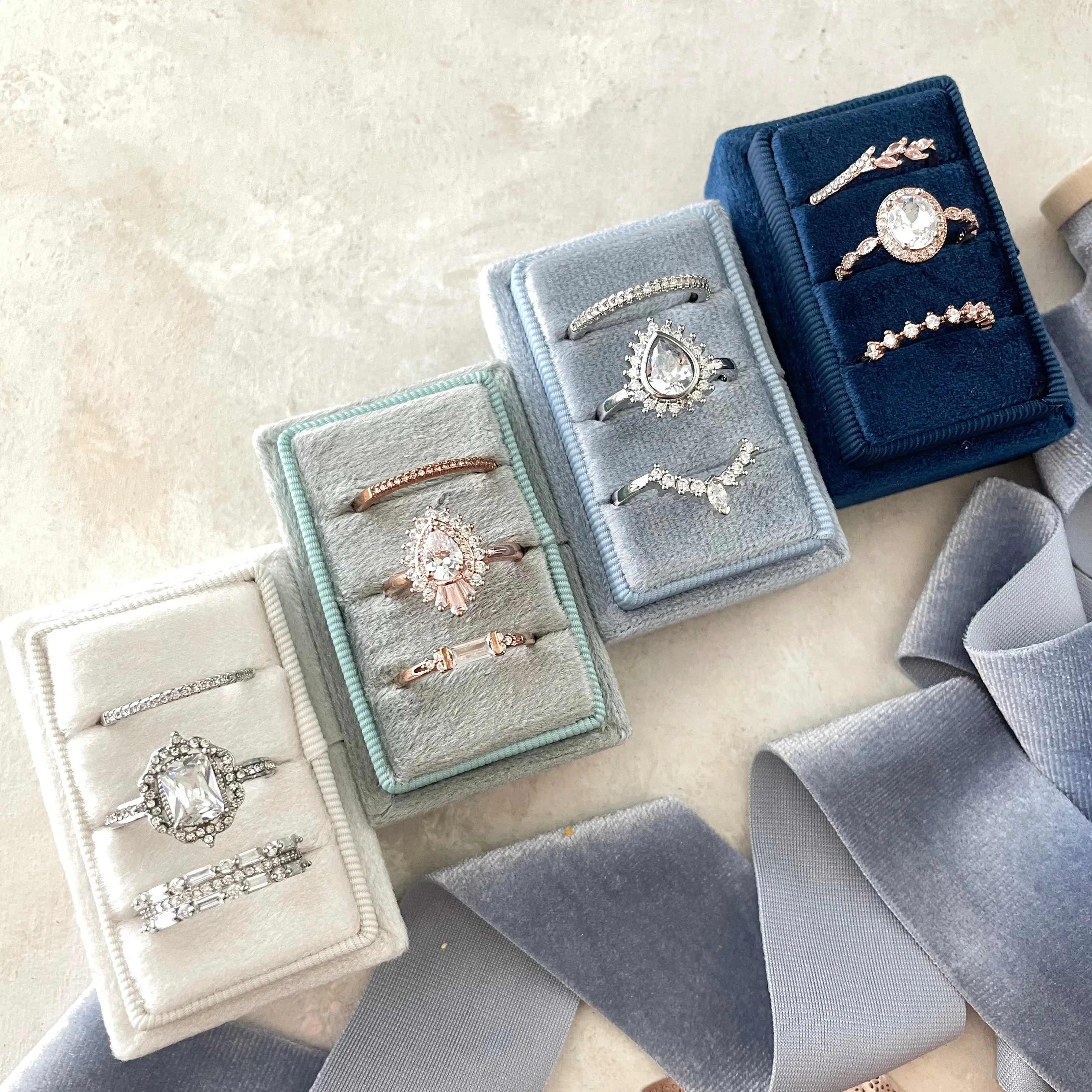 Navy Blue 3 Slot Ring Box