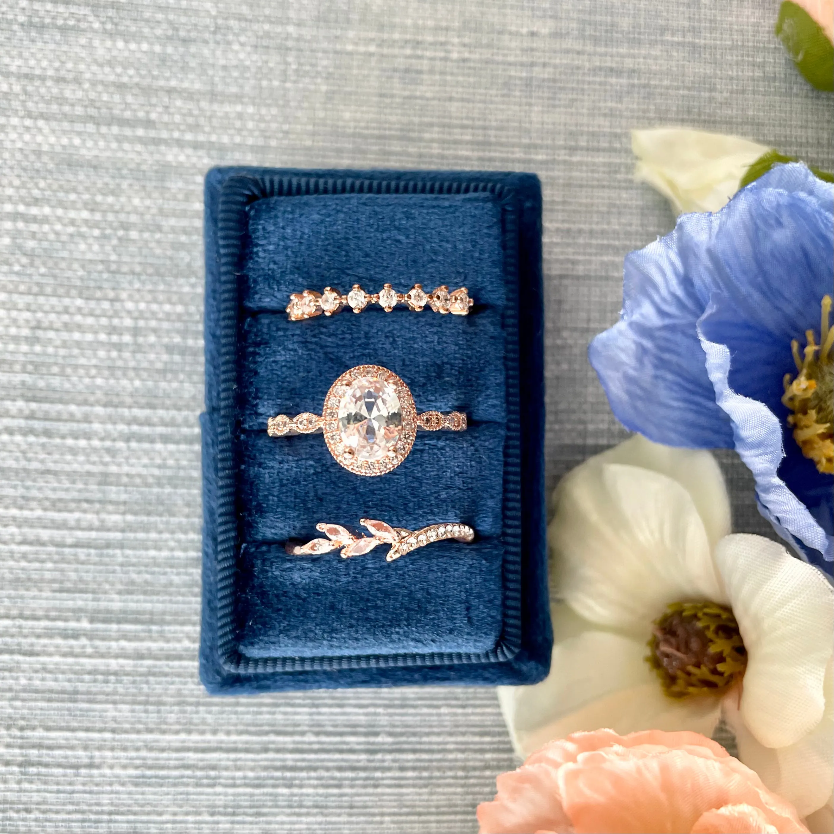 Navy Blue 3 Slot Ring Box