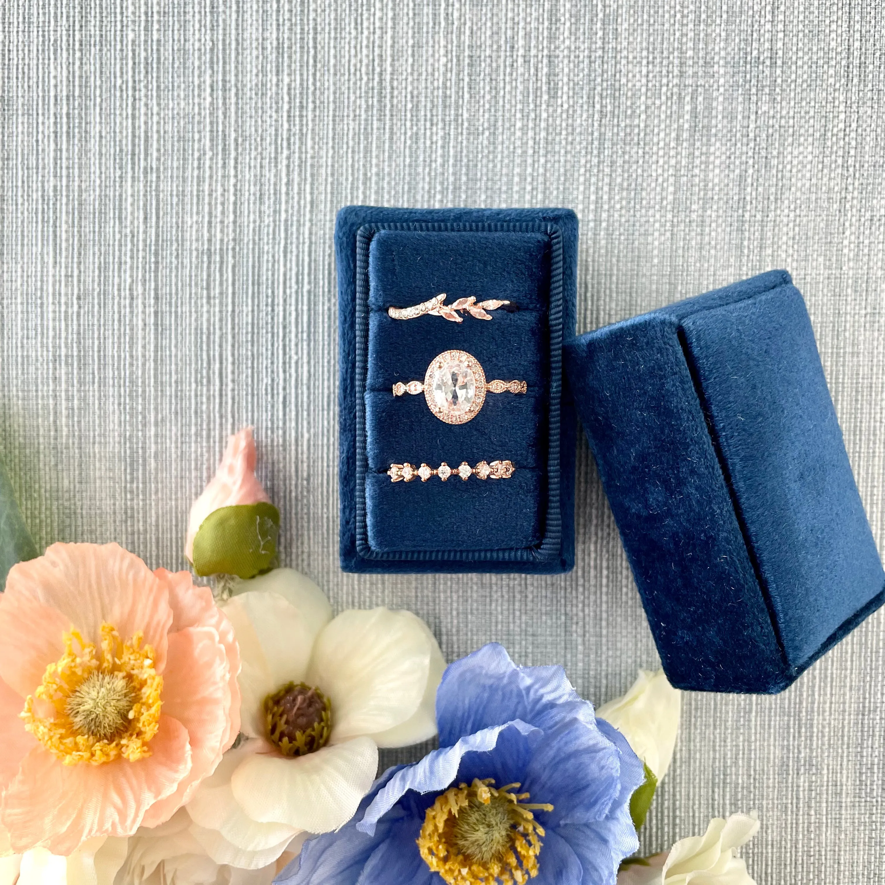Navy Blue 3 Slot Ring Box