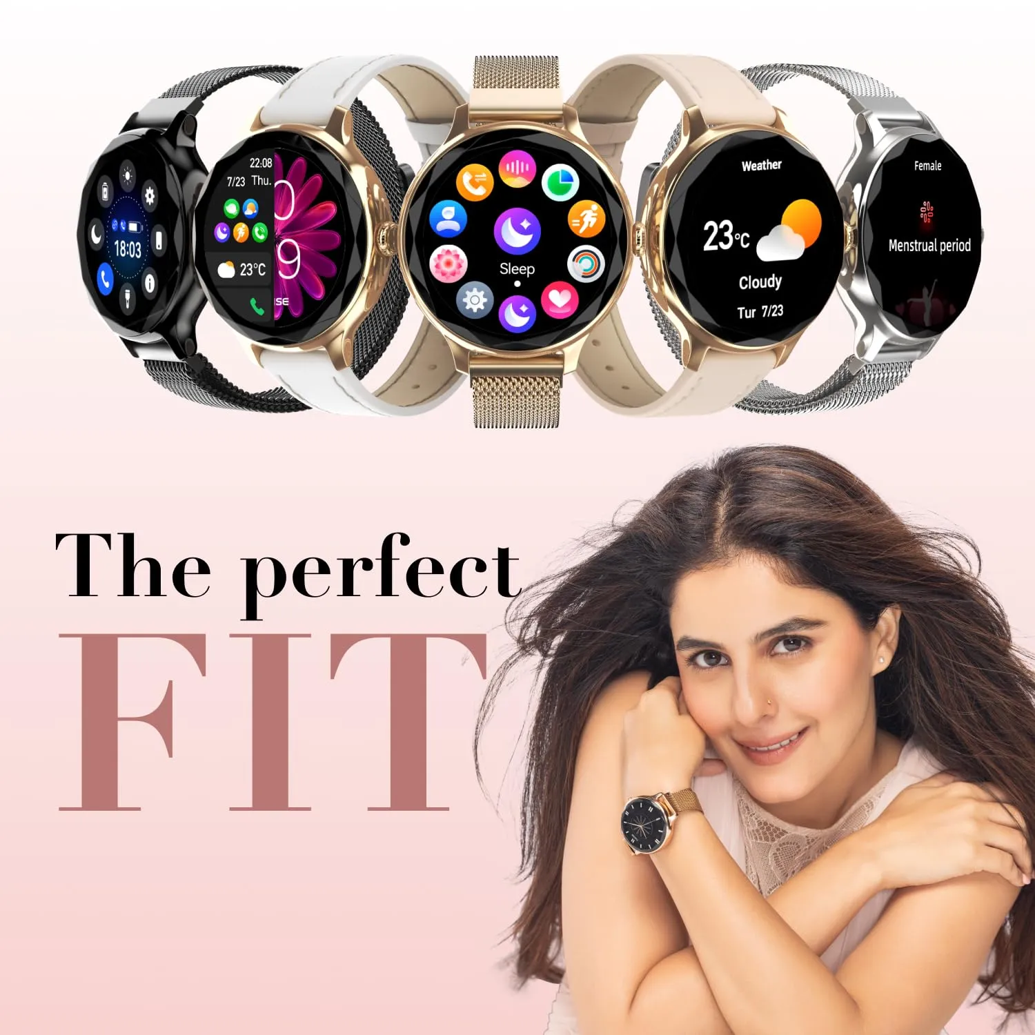 Noise Diva Smartwatch with Diamond Cut dial, Glossy Metallic Finish, AMOLED Display, Mesh Metal and Leather Strap Options, 100  Watch Faces, Female Cycle Tracker Smart Watch for Women (Pearl White)
