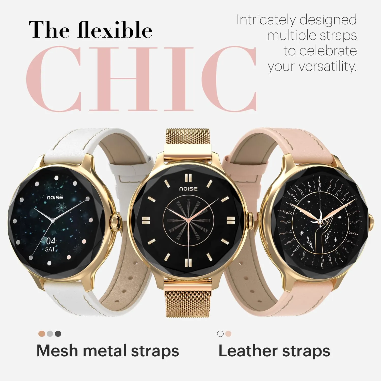 Noise Diva Smartwatch with Diamond Cut dial, Glossy Metallic Finish, AMOLED Display, Mesh Metal and Leather Strap Options, 100  Watch Faces, Female Cycle Tracker Smart Watch for Women (Pearl White)