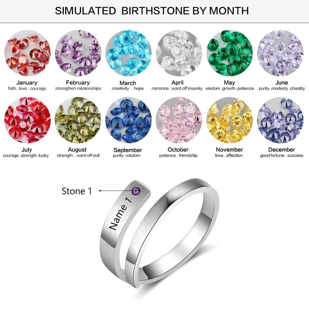 Personalized Stainless Steel Adjustable Wrap Rings For Women – Engrave Name And Customize Birthstone, 3 Color Options