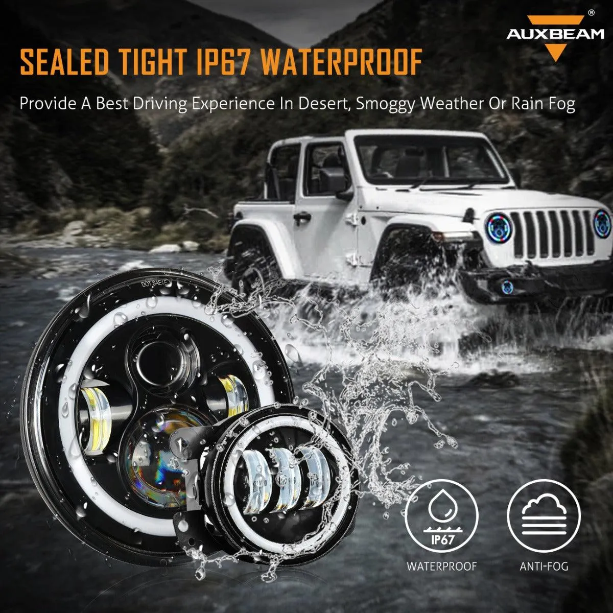 RGB 7 Inch Headlight   4 Inch Fog Light Combo for Jeep Wrangler JK TJ LJ CJ 1997-2018, Bluetooth Multi-color