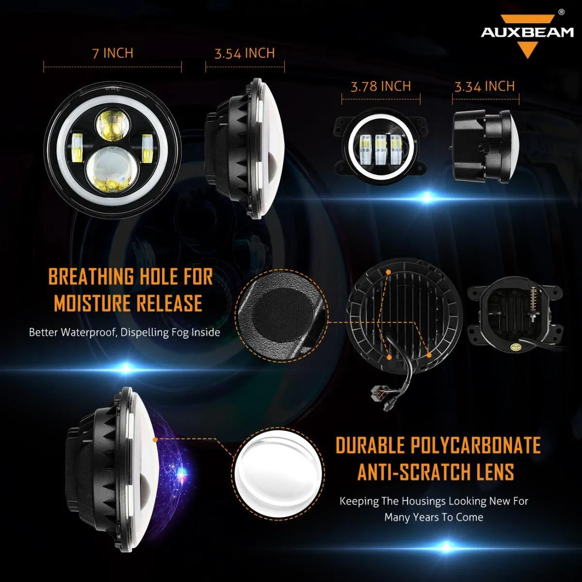RGB 7 Inch Headlight   4 Inch Fog Light Combo for Jeep Wrangler JK TJ LJ CJ 1997-2018, Bluetooth Multi-color