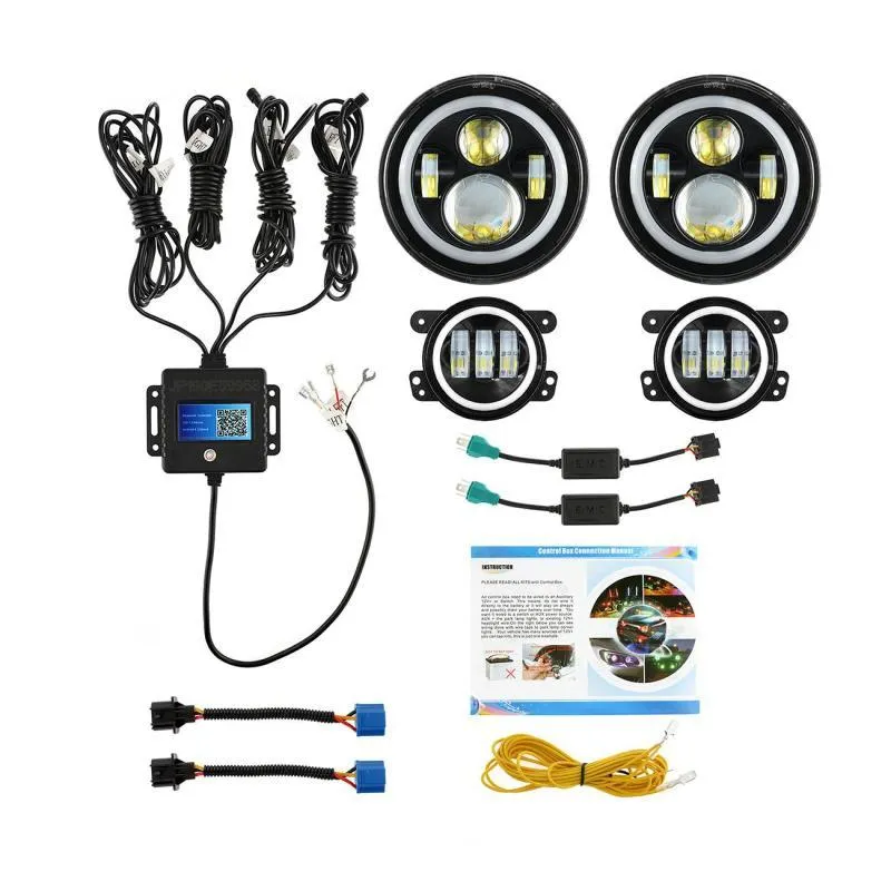 RGB 7 Inch Headlight   4 Inch Fog Light Combo for Jeep Wrangler JK TJ LJ CJ 1997-2018, Bluetooth Multi-color