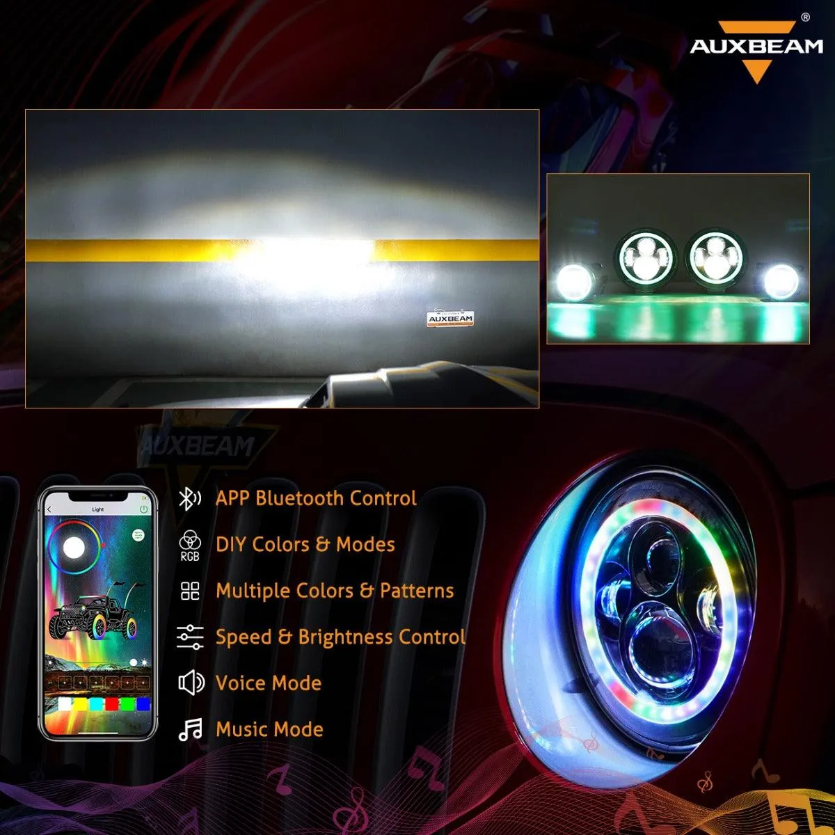 RGB 7 Inch Headlight   4 Inch Fog Light Combo for Jeep Wrangler JK TJ LJ CJ 1997-2018, Bluetooth Multi-color