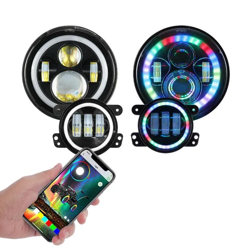 RGB 7 Inch Headlight   4 Inch Fog Light Combo for Jeep Wrangler JK TJ LJ CJ 1997-2018, Bluetooth Multi-color