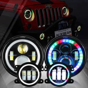 RGB 7 Inch Headlight   4 Inch Fog Light Combo for Jeep Wrangler JK TJ LJ CJ 1997-2018, Bluetooth Multi-color