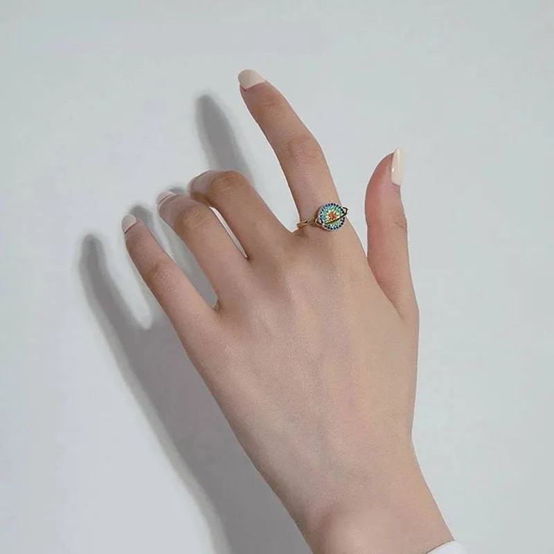 Rotatable Planet Spinner Rings For Women Zircon Crystal Fidget Ring Adjustable Open Cuff Anti Stress Anxiety Ring Jewelry Bague