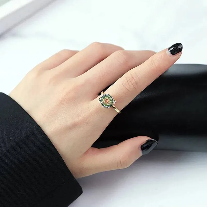Rotatable Planet Spinner Rings For Women Zircon Crystal Fidget Ring Adjustable Open Cuff Anti Stress Anxiety Ring Jewelry Bague