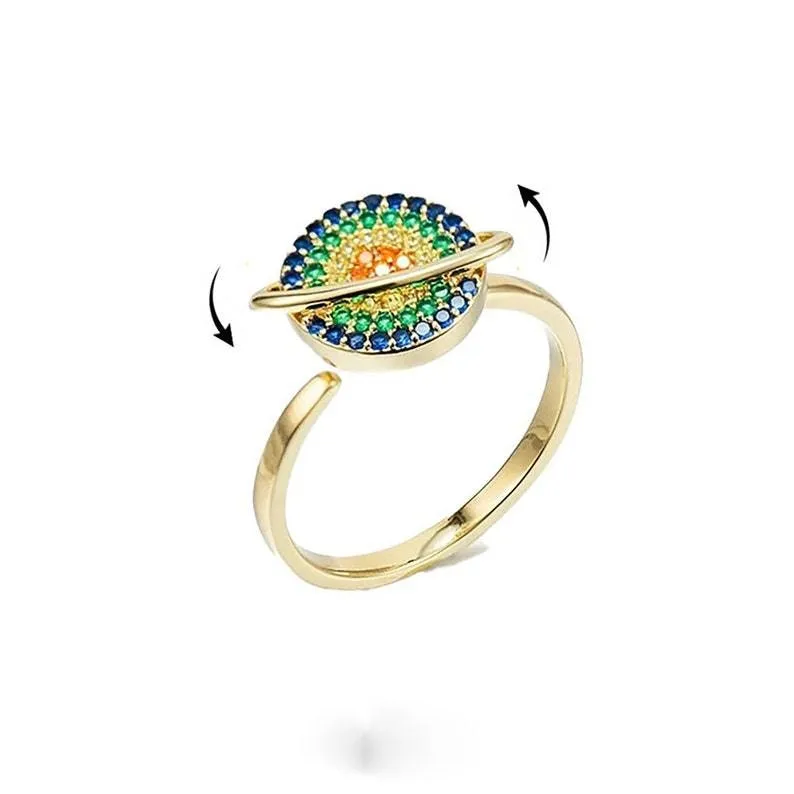 Rotatable Planet Spinner Rings For Women Zircon Crystal Fidget Ring Adjustable Open Cuff Anti Stress Anxiety Ring Jewelry Bague