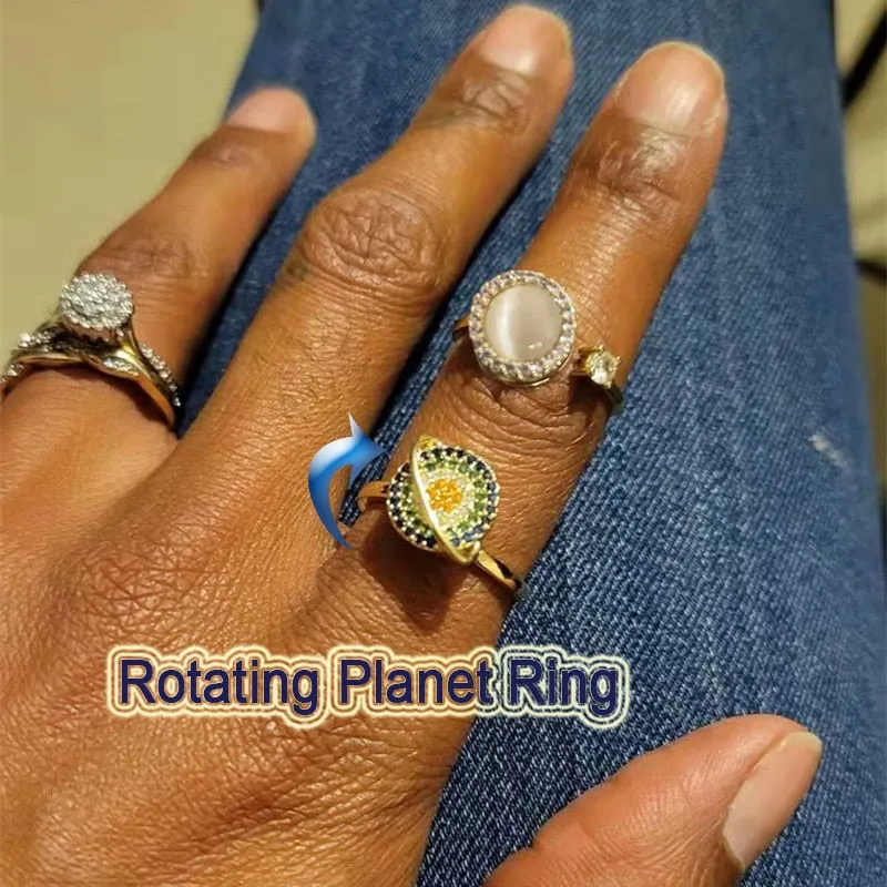 Rotatable Planet Spinner Rings For Women Zircon Crystal Fidget Ring Adjustable Open Cuff Anti Stress Anxiety Ring Jewelry Bague