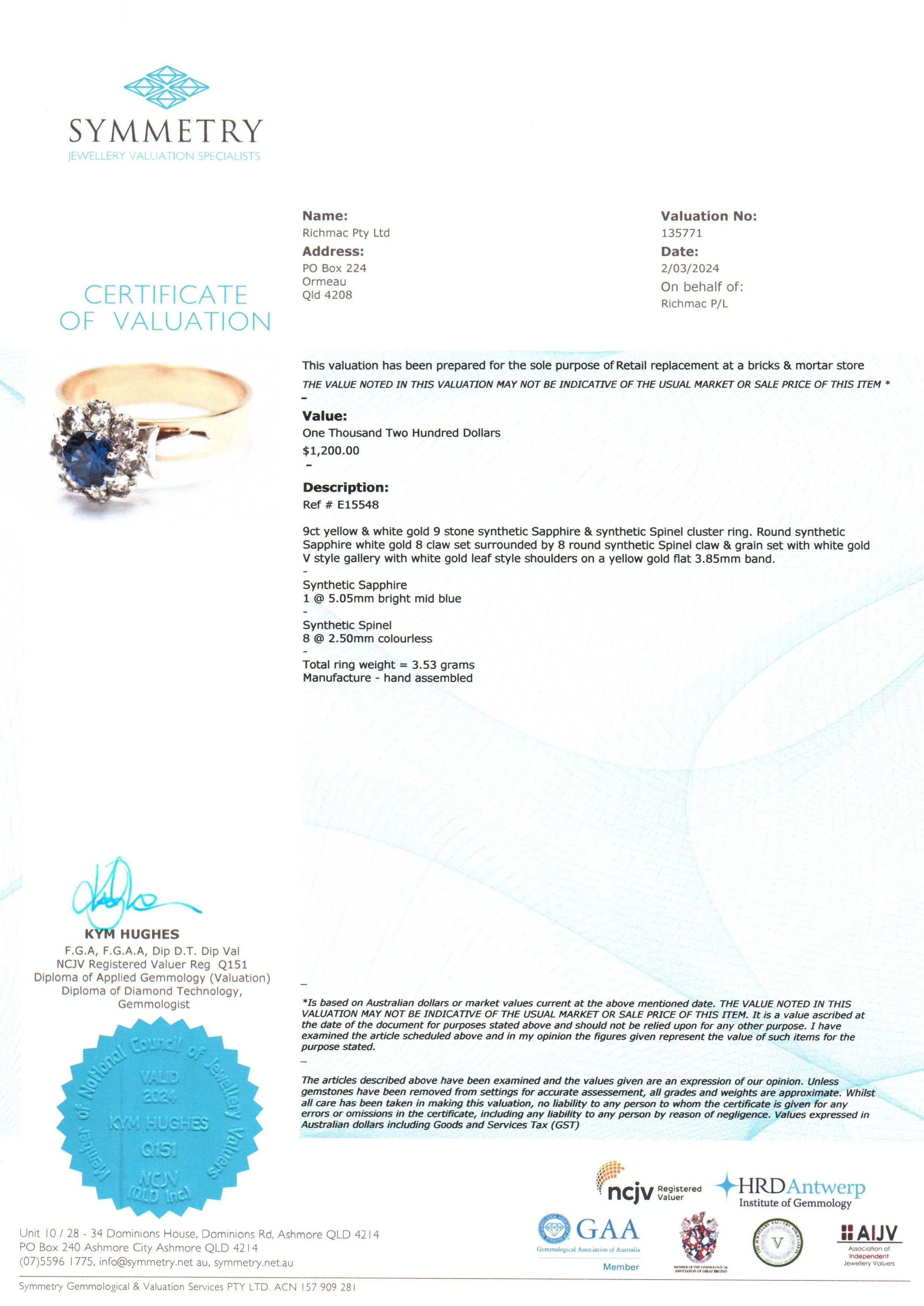 Stunning 9ct Yellow & White Gold Ring with 9 Radiant Synthetic Sapphire & Spinel