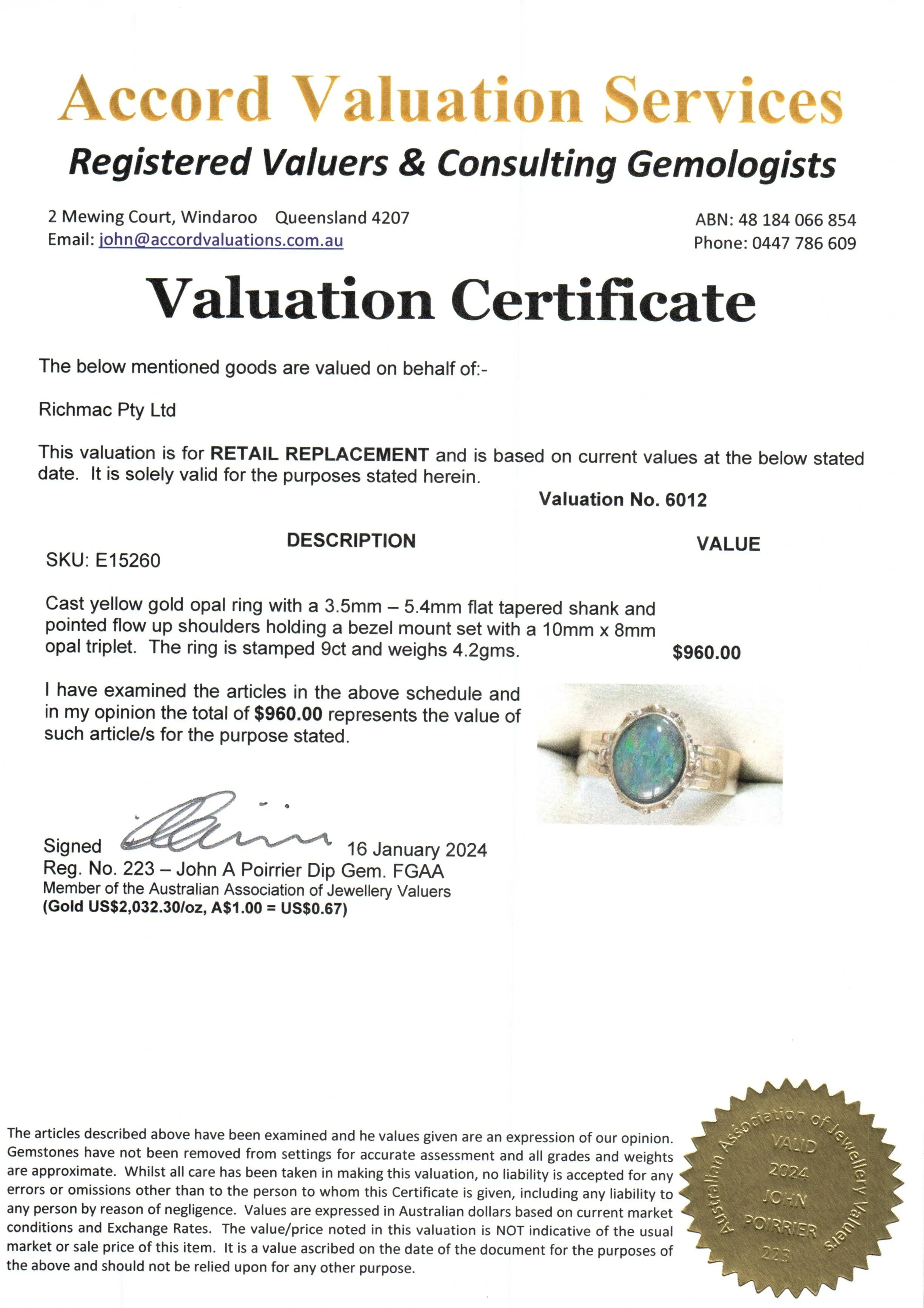 Sustainable Elegance: Radiant 9ct Yellow Gold Opal Triplet Ring