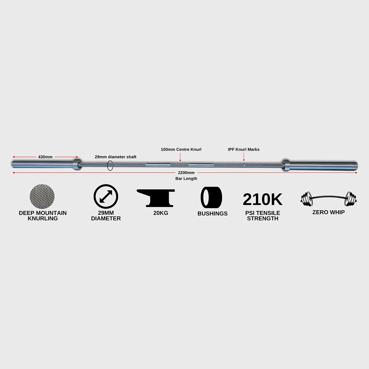 VERVE - Stainless Steel Deep Knurl Power Barbell - 20kg