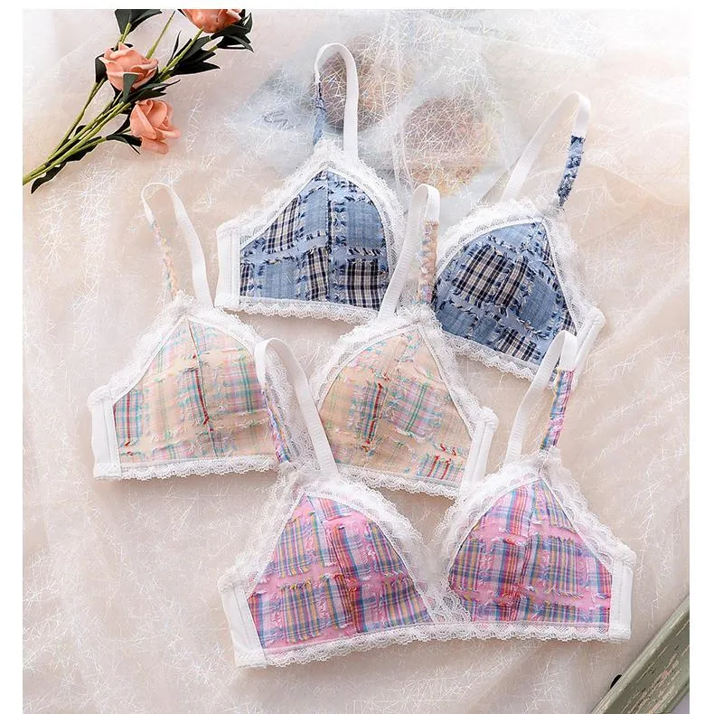Women's Lace Bra Set No Steel Ring Underwear Bra Small Breasts Gather Traceless Plaid Bra