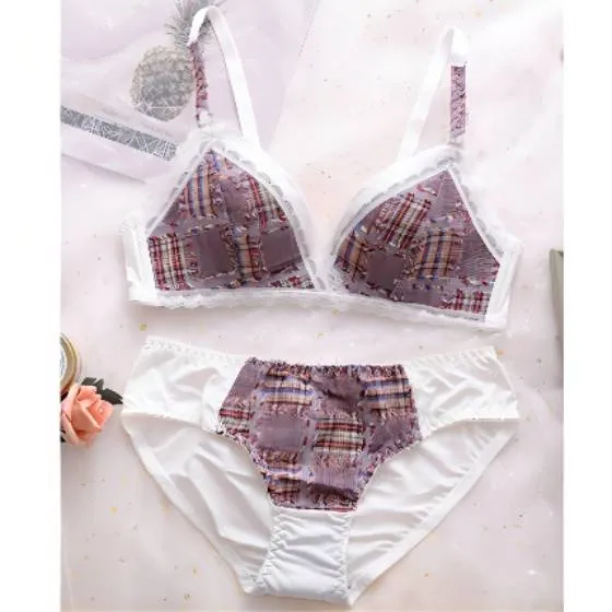 Women's Lace Bra Set No Steel Ring Underwear Bra Small Breasts Gather Traceless Plaid Bra